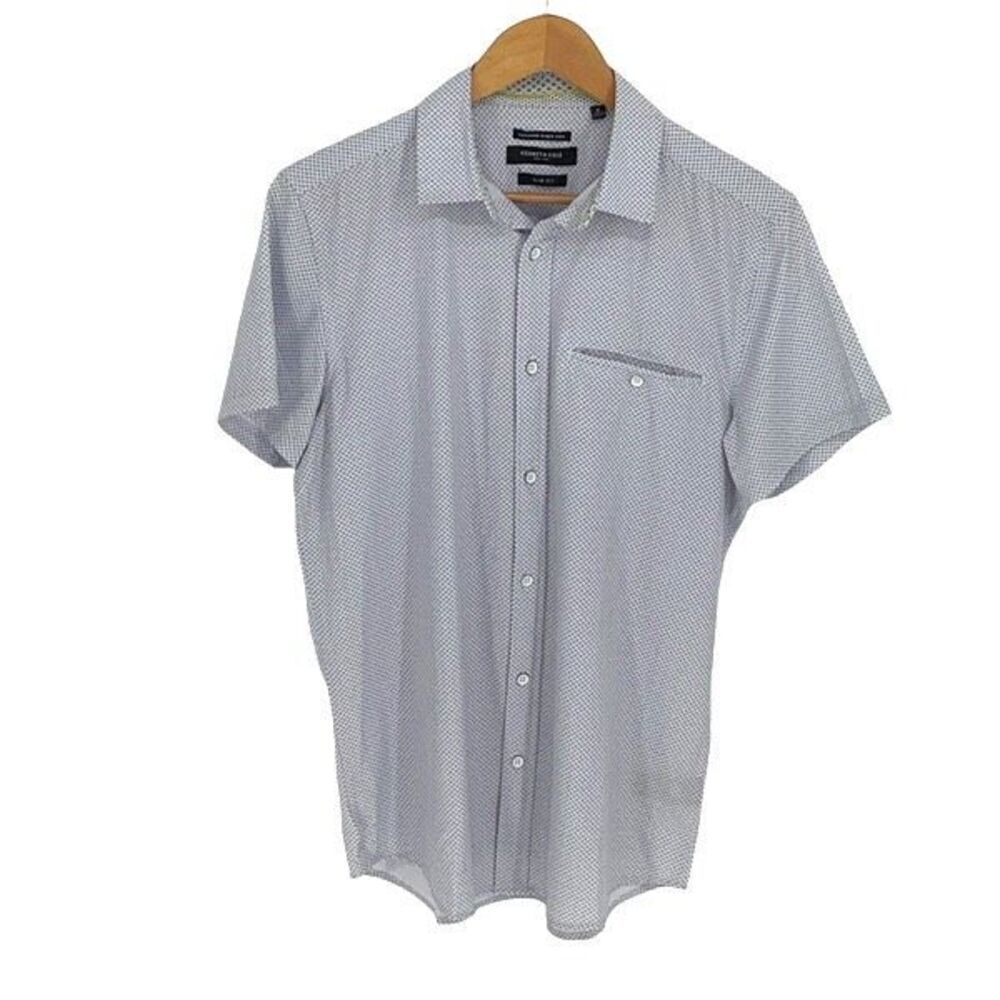Kenneth Cole NY Mens Micro Geo‎ Slim Fit Button-up Shirt White Blue Medium NWOT